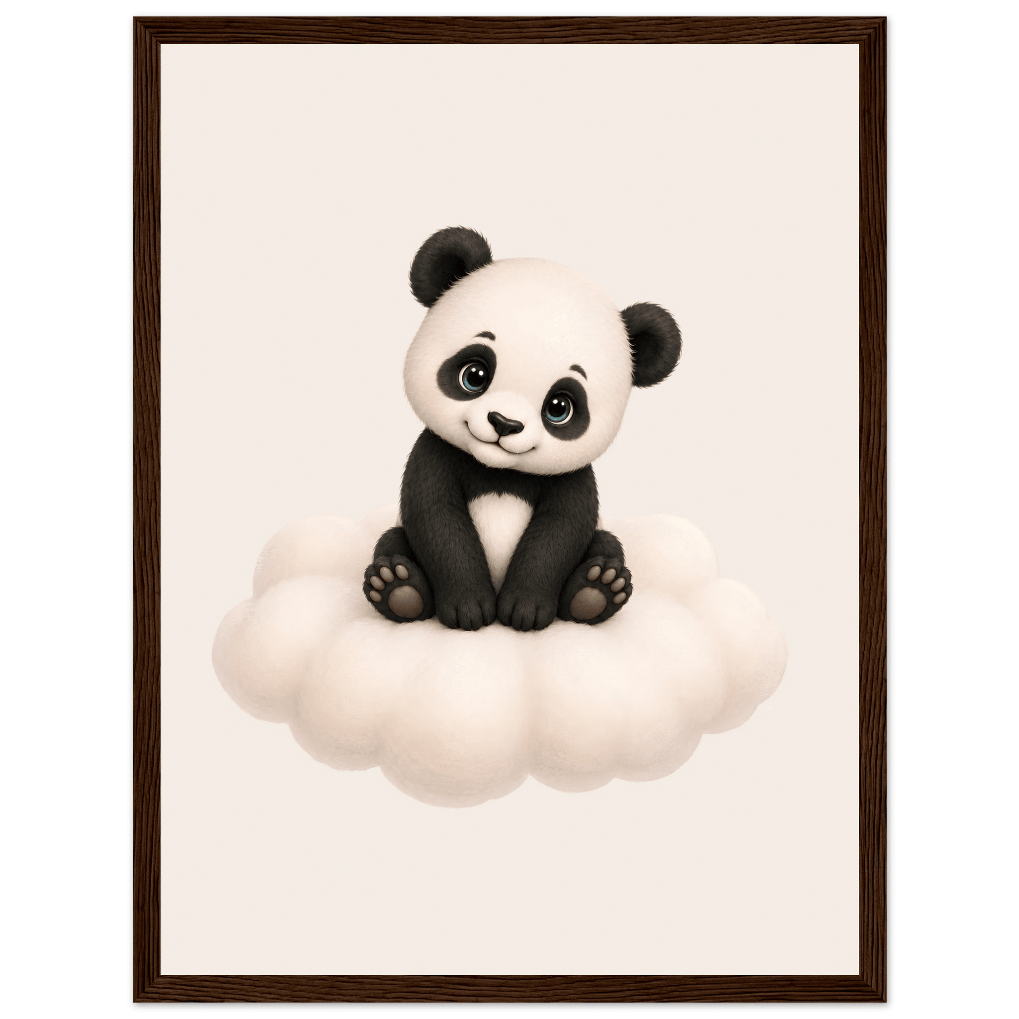 Söt panda på moln poster-30x40 cm / 12x16″ / Med ram / Mörkt trä