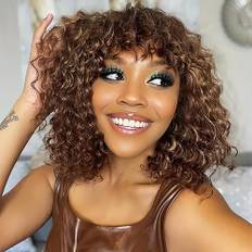 Highlight Brown Short Curly Wig Human Hair Wigs with Bangs Peruker Människohår for Black Women Brazilian Virgin Human Hair Wig Machine Made 150% Density Glueless Curly Wigs (P4/30)