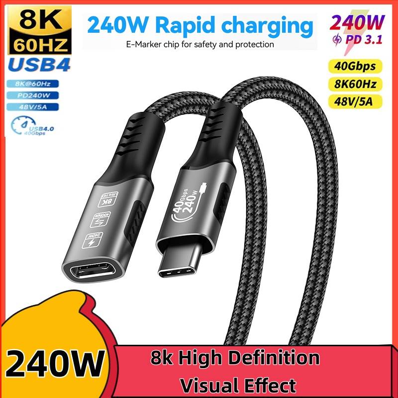 8K Type C Extension Cable Fast Charging Cable Extender Male to Female USB C 4 UHD Video 40Gbps 240W PD3.1 with Thunderbolt 4/3