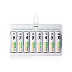 EBL batteriladdare med 8 x AA 2 800 mAh snabb batteriladdare för 8 x NiMH AA/AAA-batterier och uppladdningsbara batterier och USB-enheter, kan användas över hela världen, 8 laddningsfack