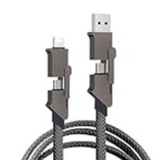 Aiivioll 4 i 1 USB-C-laddningskabel, 60W flätad anti-tangle-laddningskabel med kardborrefäste, multiladdningskabel med Lightning/Type-C/USB-A-portar (1m/mörkgrå)