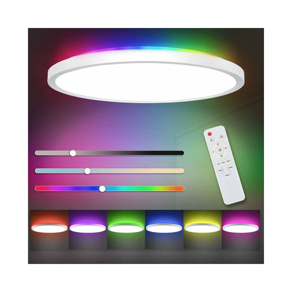 Smart LED-loftlampe, app- og stemmestyring, ultratynd indbygget lampe med RGB-baggrundsbelysning til stue, 24W, 3000K-6500K farve