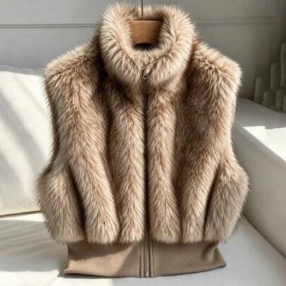 Flickors ärmlös jacka i fuskpäls med ståkrage, lång ärm, höst, höst/vinter, tjock lång pälsjacka, skola, khaki, söt, klubb, elegant, western - Kaki (8Y,9Y,10Y,11Y,12Y)