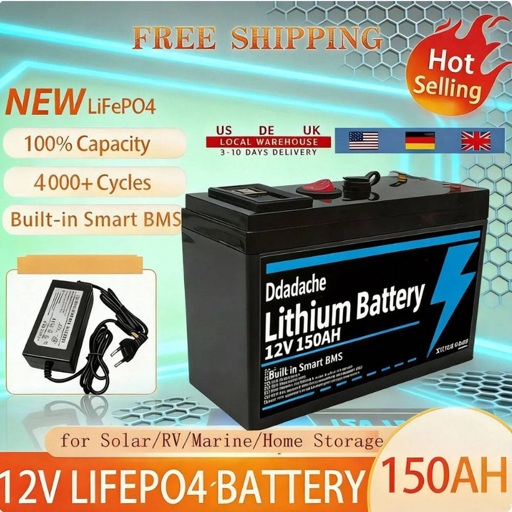 12V Lithium Battery 150Ah LiFePO4 4000+ Deep Cycles Built-in BMS,10-Year Lifetime,for UPS, Kayak Fish Finder, Solar Panel,Radio