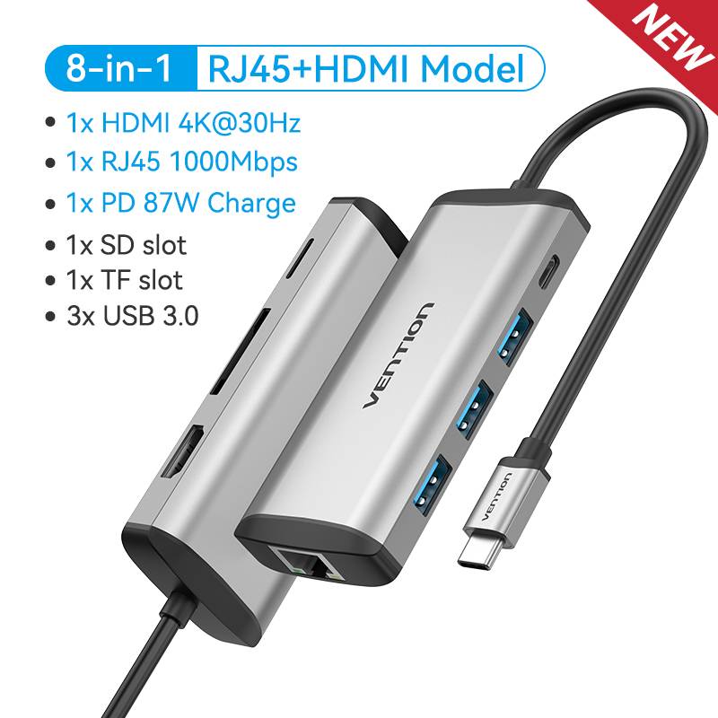 Vention usb c hub typ c till usb 3.0 dockningsstation usb c hdmi rj45 4k för macbook pro air tillbehör typ c 3.1 splitter usb hub - 8- i -1 hdmi sd tf