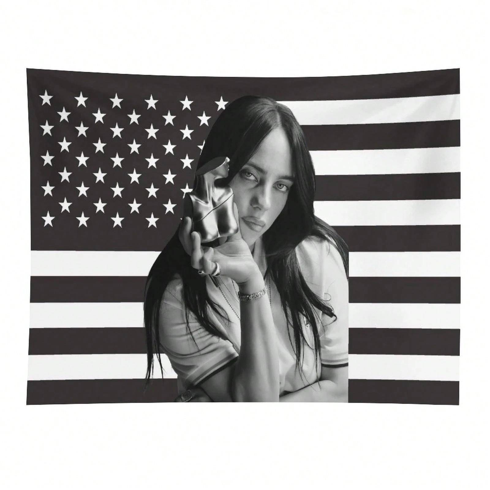 Billie Eilish Rosa USA-flagga Väggbonad, Musikartist Väggdekor, Popartist Väggkonst för Studentrum & Sovrum, Cool Tjej Presentidé gray