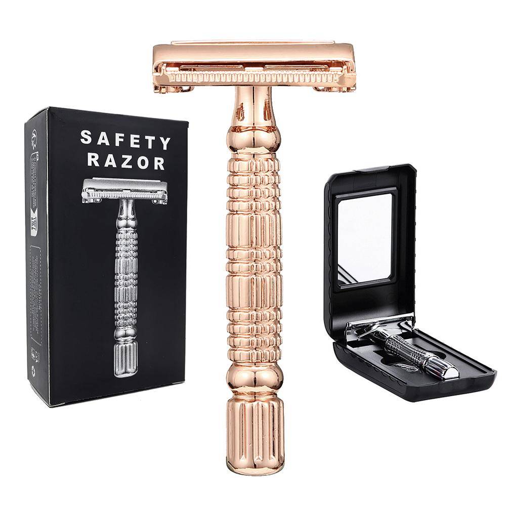 Butterfly Open TTO Double Edge Safety Razor Wet Shaving Kit For Men Women With 5 Blades Mirrored Travel Case