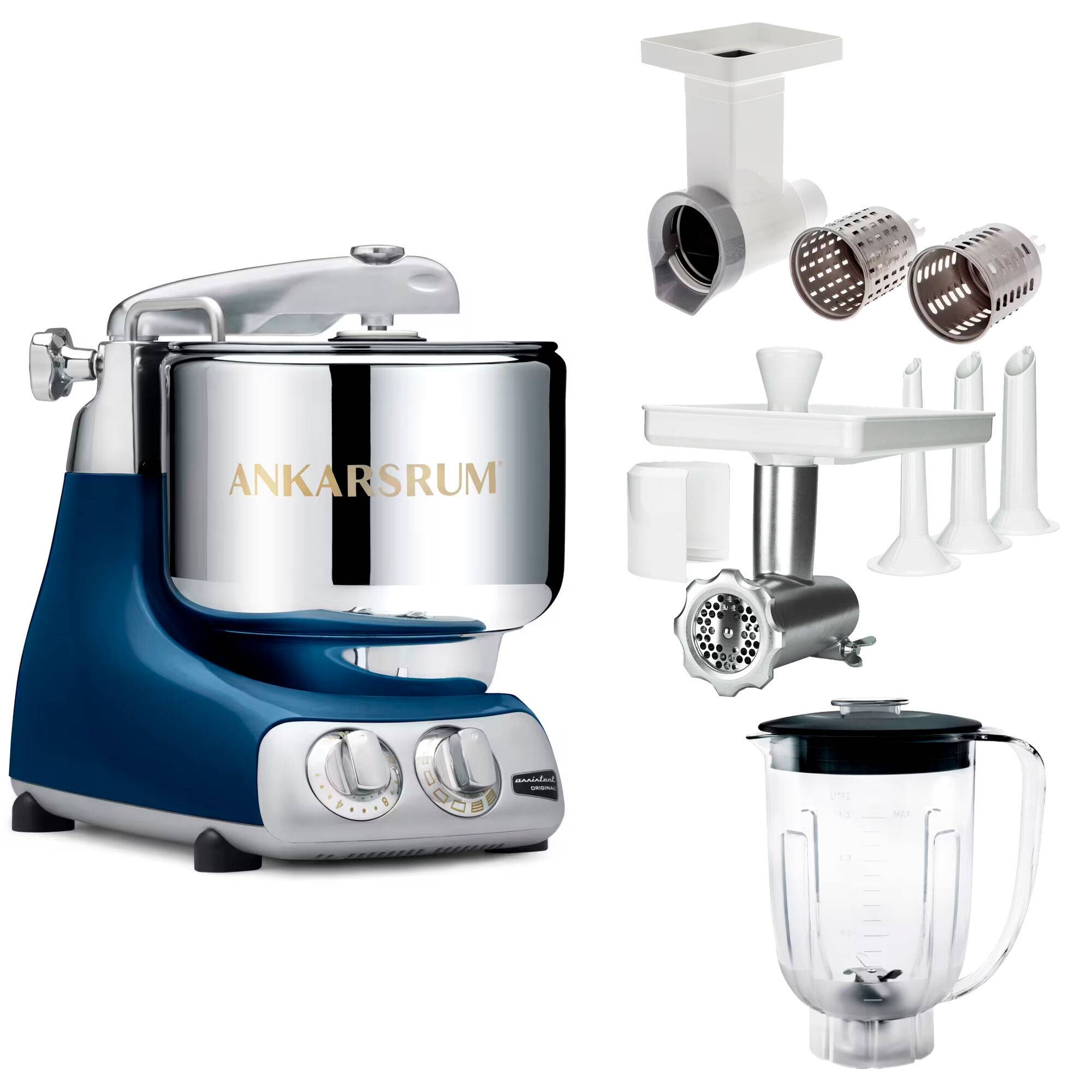 Ankarsrum Assistent Original AKM 6230 köksassistent med köttkvarn, skärtillsats och mixerkanna, ocean blue - Ocean blue