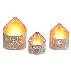Marrakesch Set med 3 boho-dekoration lyktor, Yous vit guld metall/glas | Lykta värmeljushållare som vår, vardagsrum, bordsdekoration | Utsökt ljusstake dekoration för värmeljus