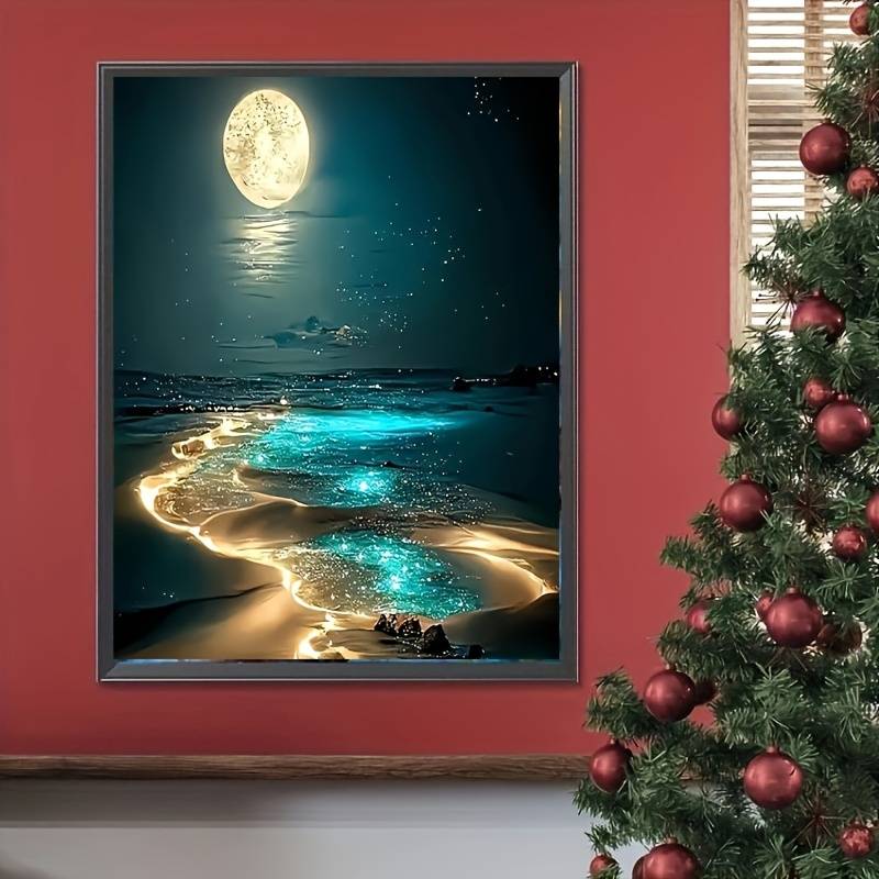 TEMU Adult Moonlight Beach Diamond Painting Set, 5d Seaside Moon Diamond Painting Set, Suitable For Beginners, Diy Full Diamond Painting, With Diamonds, Home Wall Decoration
