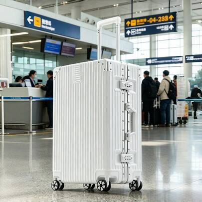 20-tums kabinväska i aluminiumram med frontöppningsficka, hård skalväska med rullhjul och TSA-lås, tysta spinnerhjul, resebagage för - Vitt (20 inch)