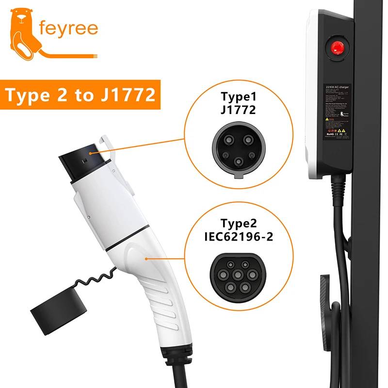 Feyree EV Charger Adapter Type2 IEC62196-2 to Type1 Car Charging Socket AC Charger Adapter 32A 1Phase 3.5KW 7KW Max Electric Car