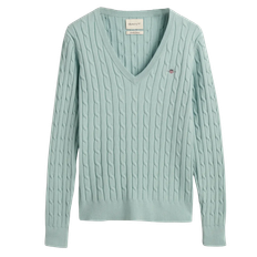 GANT Stretch Cotton Cable Knit V-Neck Sweater - Dusty Turquoise / Medium