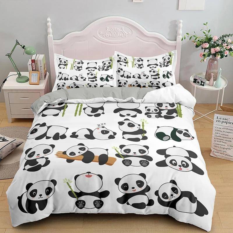 Panda Tryckt 2/3 st Sängklädesset Bambu Påslakan för Vuxen Barn Sängkläder och Örngott Täcke Överdrag Sängset king 150X200cm 3pcs