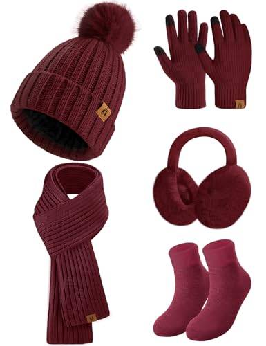 Niwicee Vintermössa dam fleece fodrade handskar dam varmare lång stickad mössa halsduk varm beanie mössa öronskydd halsduk handskar strumpor – 5 stycken set stickad vinter gåva, Vinröd, En Storlek