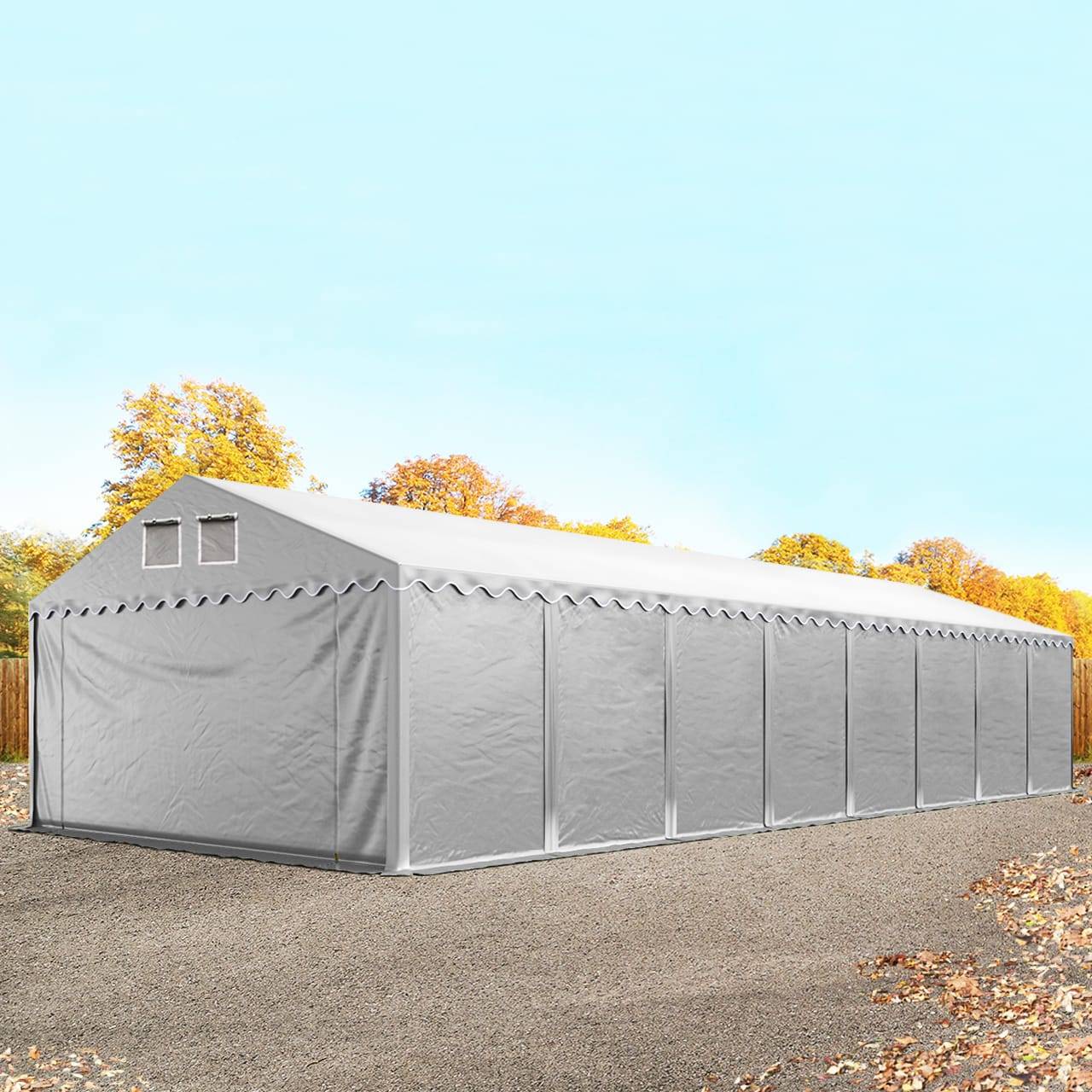5x24m PVC lagertelt, grå, med bundramme, med statikpakke (blød undergrund) - (49854)
