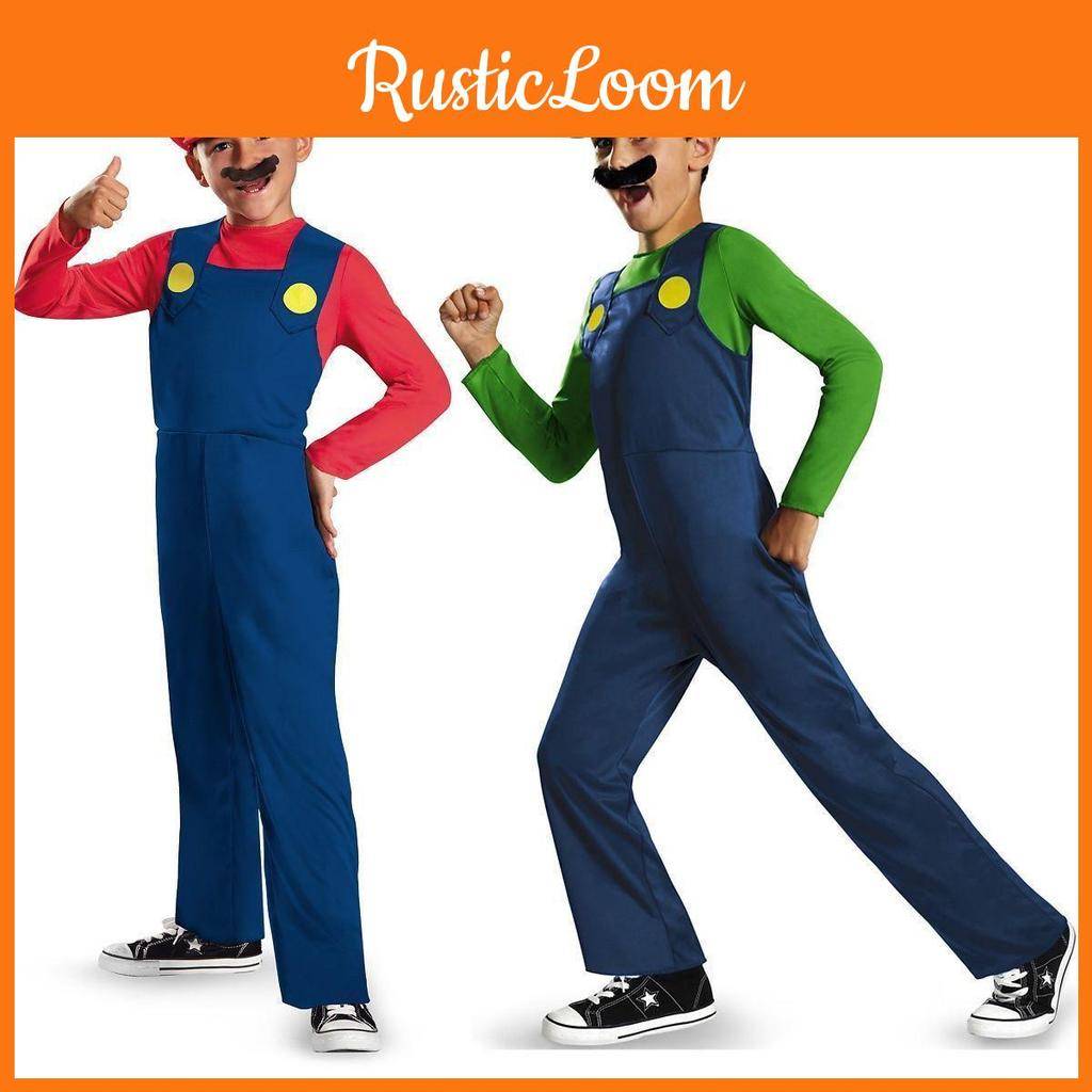 Autentisk Super Mario Bros Luigi Arbetare Kostym Ljusgrön Och Röd Helkropps Cosplay Klänning Med Perfekta Sömmar 120-130cm blue