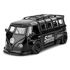 TGRCM-CZ 1/32 Volkswagen buss transportmodell bil med surfbrädor konvertibel camping van, zinklegering dra tillbaka leksaksbil med ljud och ljus för barn pojkar flickor present (svart)