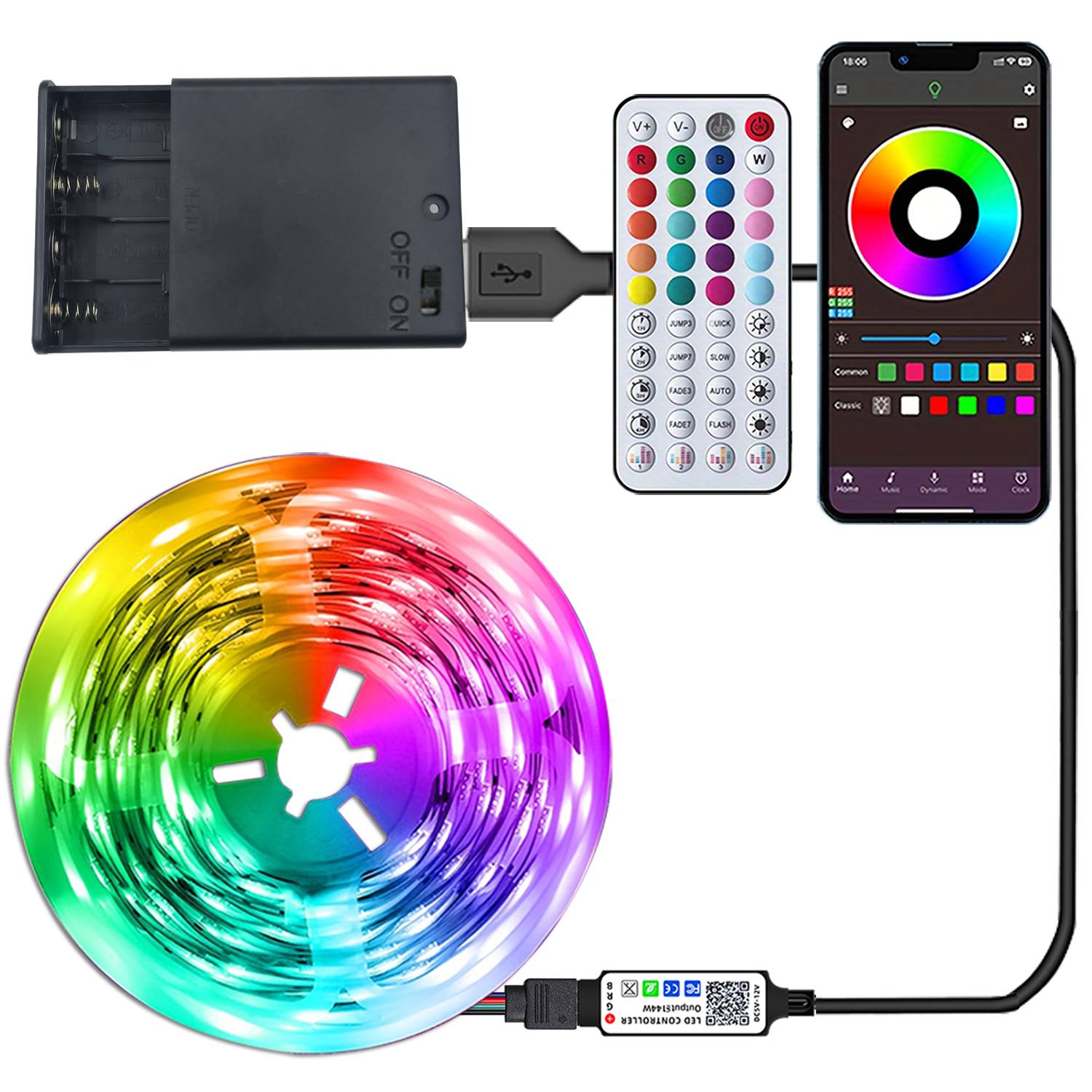RGB Led Strip Lights, Battery Powered Led Tape with Music Sync APP Remote Control, RGB Led Lights Ribbon for TV, Room