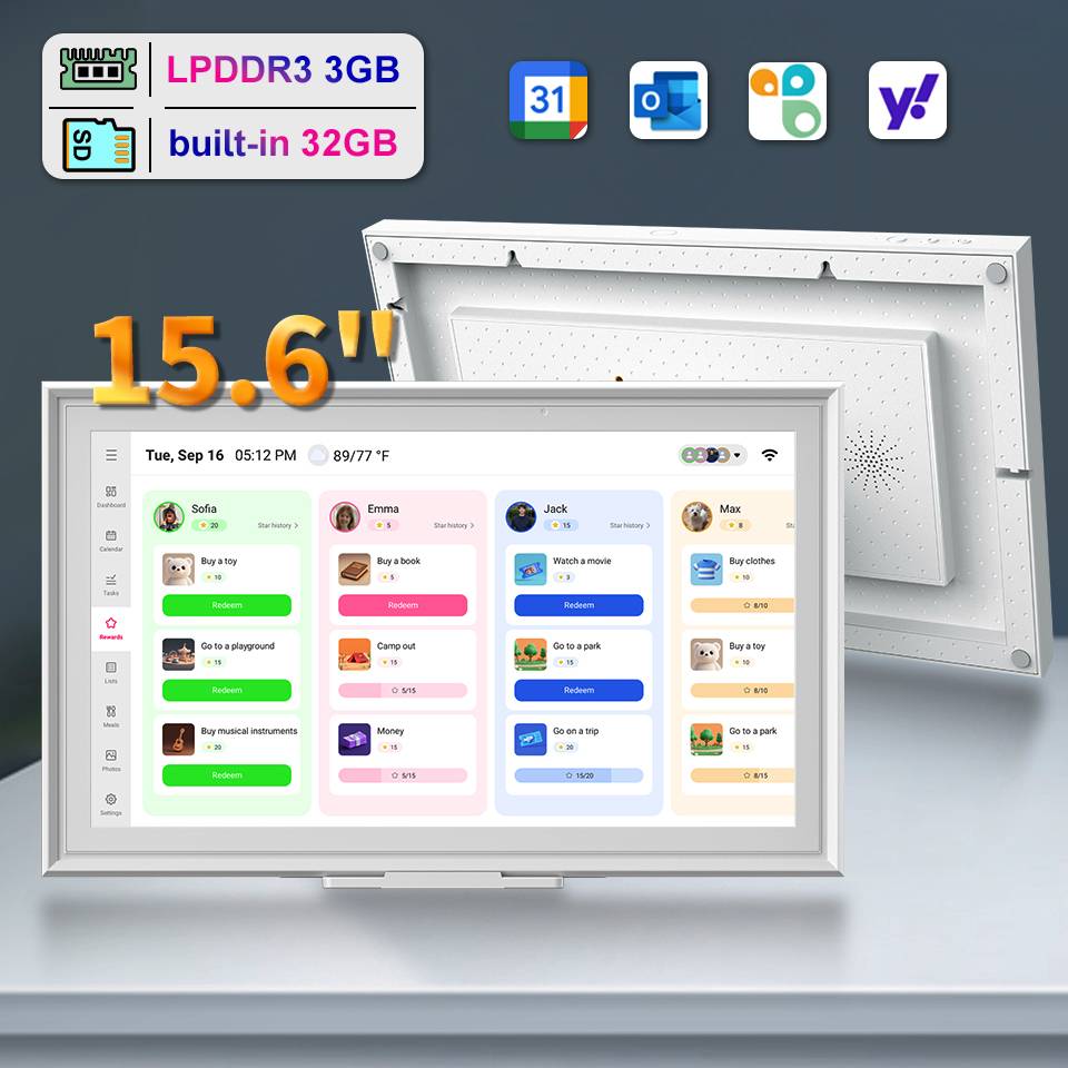 HGFRTEE 15.6" Smart Digital Calendar WiFi Sync Google/Outlook, FHD Touchscreen Family Organizer, Wall Mount Hub & Photo Frame