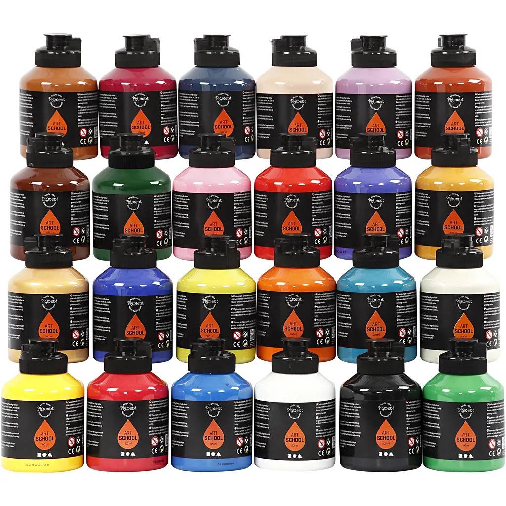 Akrylfärg - 24 Flaska, 500 ml, Halvblank, Mixade Färger - Pigment - Akrylfärg - mixade färger