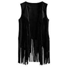 TDEOK Mocka väst med fransar damer mocka jacka brun övergångsjacka tidig lätt sommarjacka elegant kofta cowboy ärmlös jacka fransväst – falsk mocka väst etnisk jacka, svart, 3XL