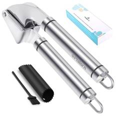 Philorn Vitlökspress, rostfritt stål, proffs, kökshjälpmedel – premium garlic press, ingefärapress med vitlöksskalare och rengöringsborstar – extra stark och hållbar – vitlökspress diskmaskinssäker