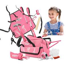 Hi-Spec 18-delars verktygssats för barn med rosa verktygsväska, skyddsglasögon, RIKTIGA verktyg i liten storlek, verktygsset hammare för barn