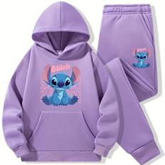 TEMU 2pcs Girls' Fashion Stitch Cartoon Print Hoodie + Pants Set, Autumn/winter Fleece-lined Comfortable Casual Sportswear For Daily And Outdoor Activities, Outdoor