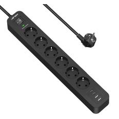 JSVER 6-vägs Grenuttag med 2 USB A-portar+2 USB C-portar Laddare (5V3.4A), Multipeluttag (3680W16A) med Switch för Hem, Kontor, 2M Kabel-Svart