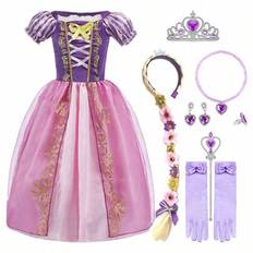 10 st/set lila blommönster prinsessklänning med kort ärm och peruk, för barn, lyxig kostym cosplay till jul, halloweenfest, flickor - Blåröd (150,140,130,120,110,100)