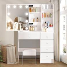 Aovquof sminkbord med LED-belysning, justerbar ljusstyrka, sminkbord med stor spegel, toalettbord med 6 lådor, byrå, sovrum, vitt (131 × 80 × 36 cm