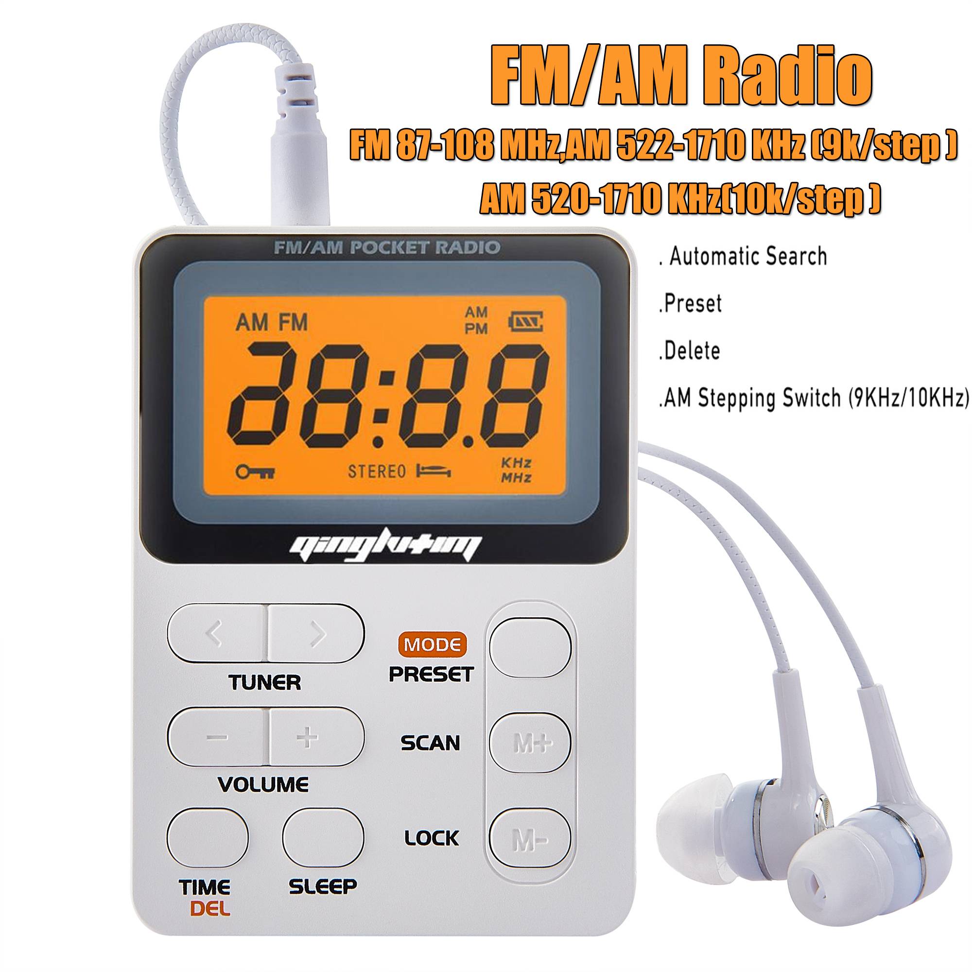 Mini fm/am radio bärbar fickradio med led display 3.5mm hörlursstöd manuell/autospara station 9k/10k mottagare
