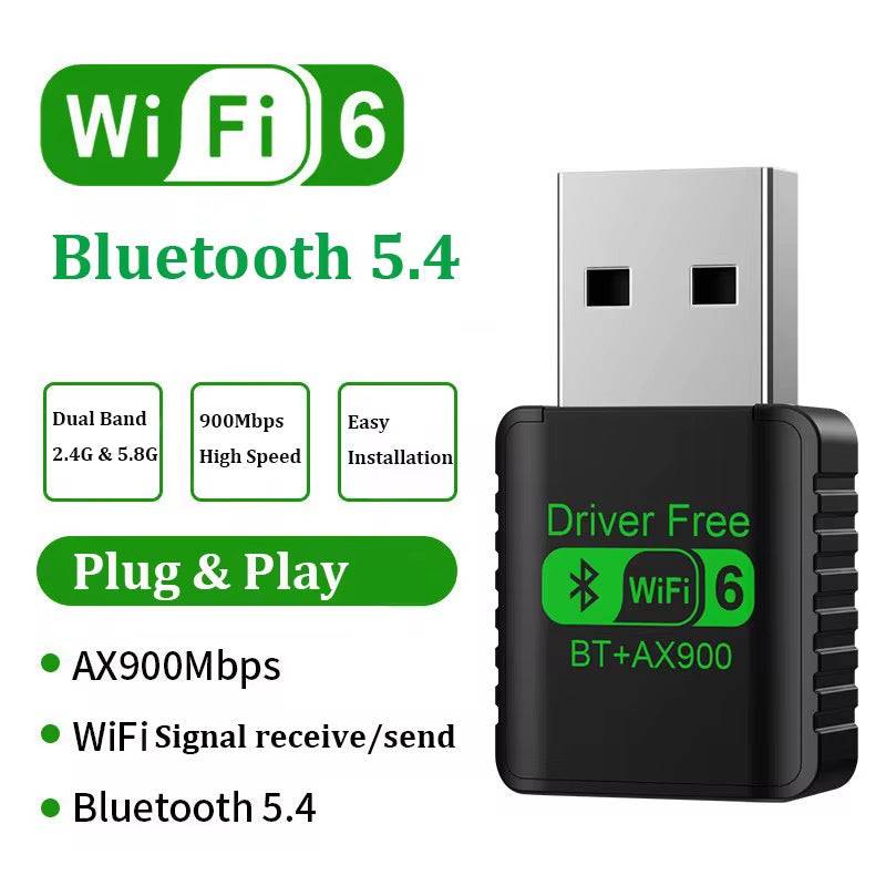 USB WiFi 6 Adapter AX900Mbps med Bluetooth 5.4 – Dual Band 2.4G/5.8G Plug & Play