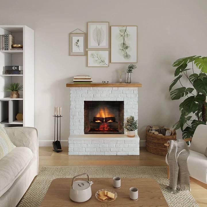 Fristående elektrisk kamin i hvide mursten - Rolf elpejs - varmeeffekt og temperaturkontrol