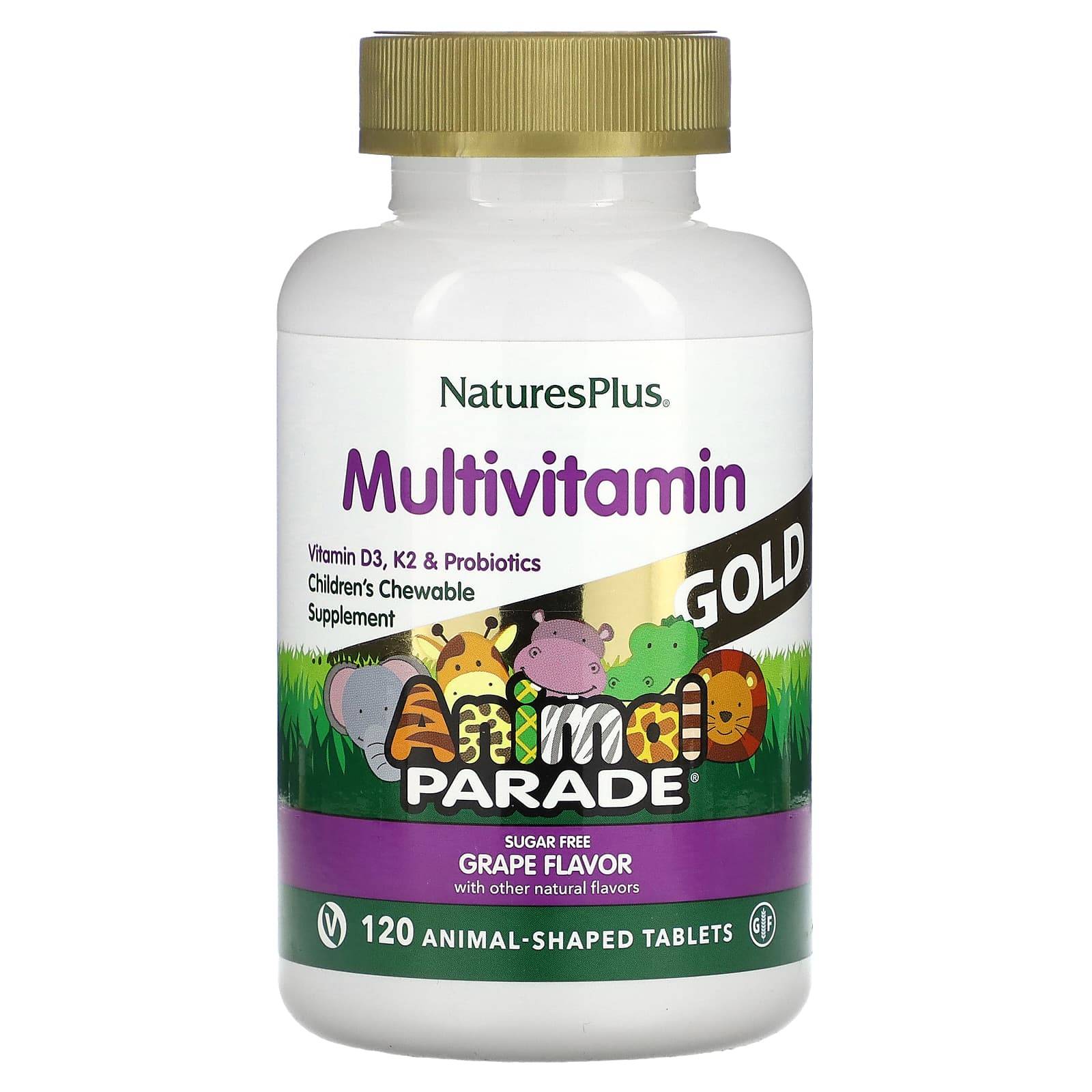 NaturesPlus Animal Parade Gold, Tuggbar multivitamin för barn, Druva, 120 tabletter