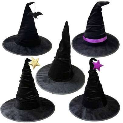1 st svart häxhatt med fladdermus-/stjärnmönster, cosplayrekvisita, Halloween-häxhatt, partyhatt, partyhuvudbonad, fotorekvisita, lämplig för högtidsk