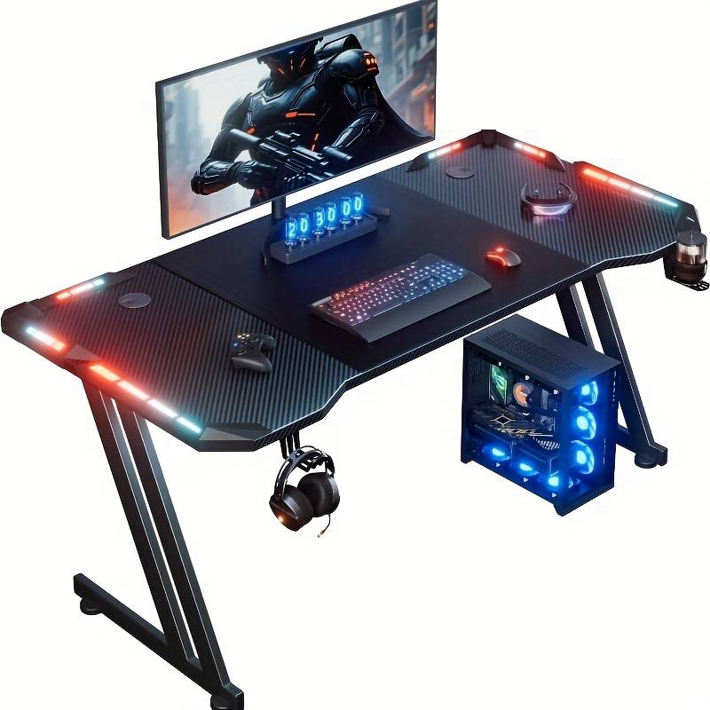 120/140/160cm Gaming Desk With Led Lights, Z Shaped Gaming Table With Cup Holder & Headphone Hook, Ergonomic Computer Table With Large Carbon Fiber Desktop