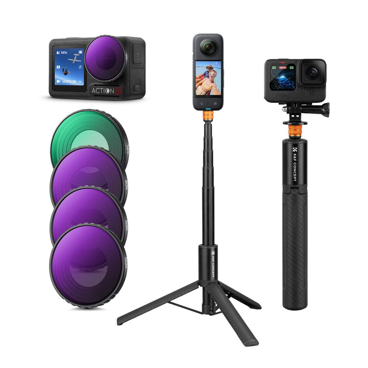 KENTFAITH DJI Osmo Action 4 & Osmo Action 5 Pro Action Camera Filter and Selfie Stick Kit, 4 Pack (CPL + ND8 + ND16 + ND32) Screw On Polarizing Neutral Density Filter HD Optical Glass / Multi-Coated / Metal Frame and Portable 2-in-1 Selfie Stick Tripod