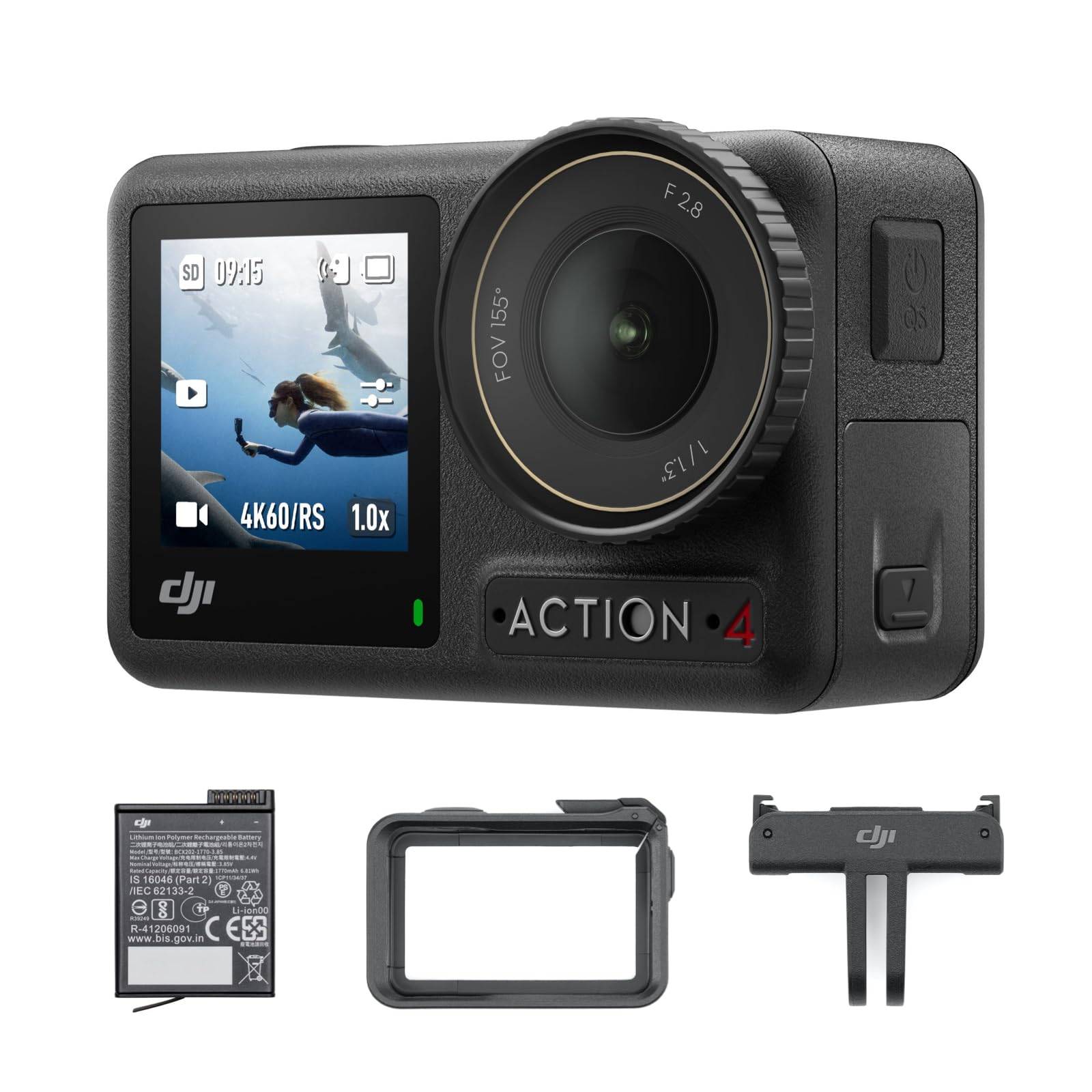 DJI Osmo Action 4 Essential Combo Vattentät Actionkamera med Fantastisk M-färg och 1770 mAh [Endast på Amazon] Kamera 4K/120fps 1/1,3-tums svart