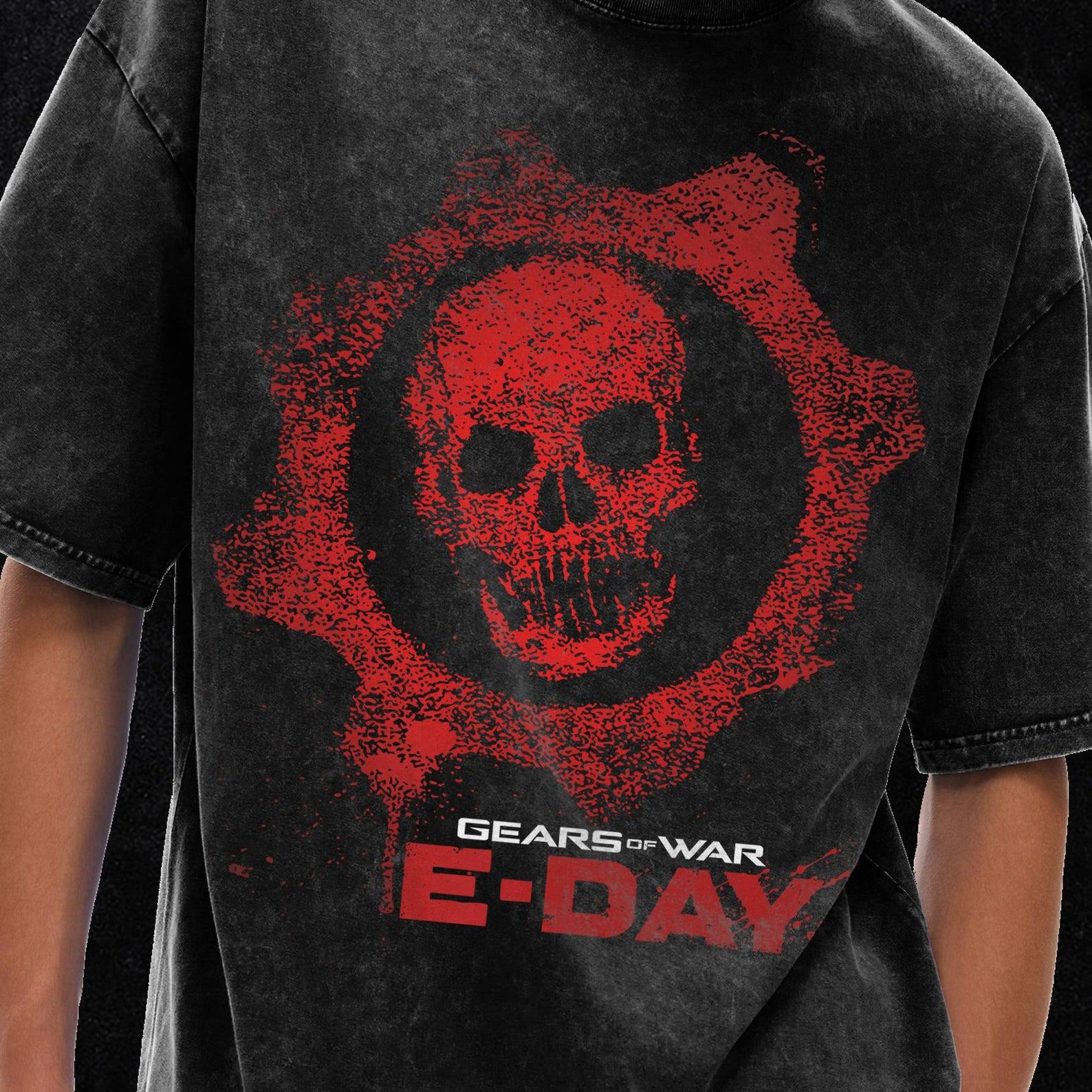 Gears Shirt of War, E-Day T-shirt, Vintage Spel T-shirt, Syrat Överdimensionerat T-shirt - 250 GSM, Grunge & Goth Streetwear, Vintage Tvättad T-shirt