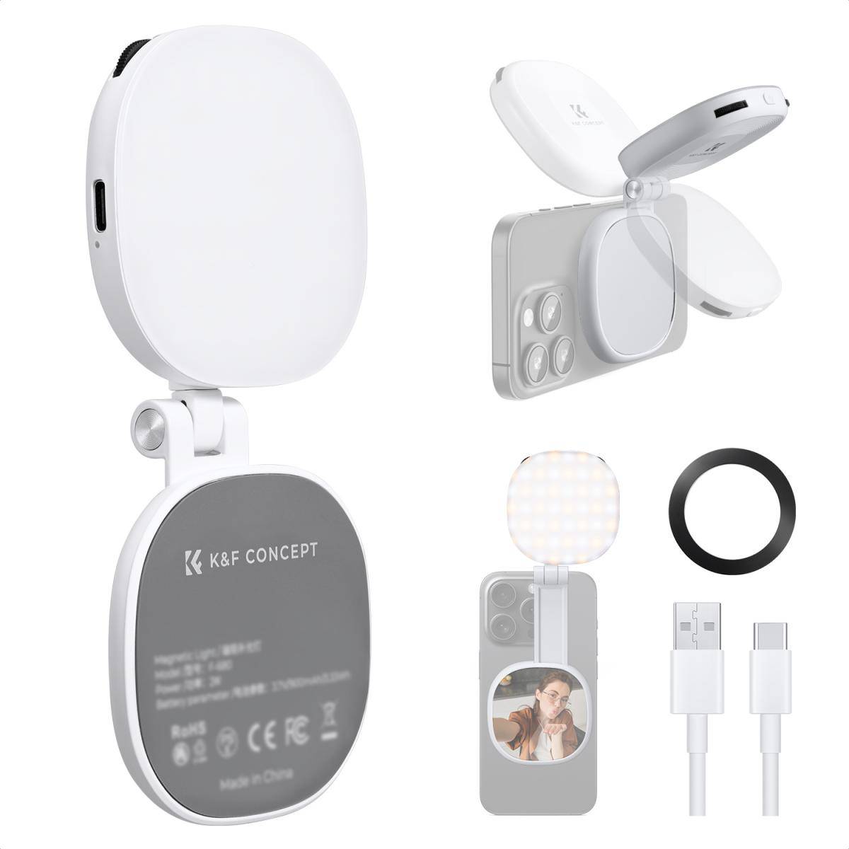 KENTFAITH K&F CONCEPT Magnetic Phone LED Light: Foldable Selfie Light with Makeup Mirror, 3000K-6500K Dimmable Vlog Fill Light for iPhone, Video Calls & Makeup (White)