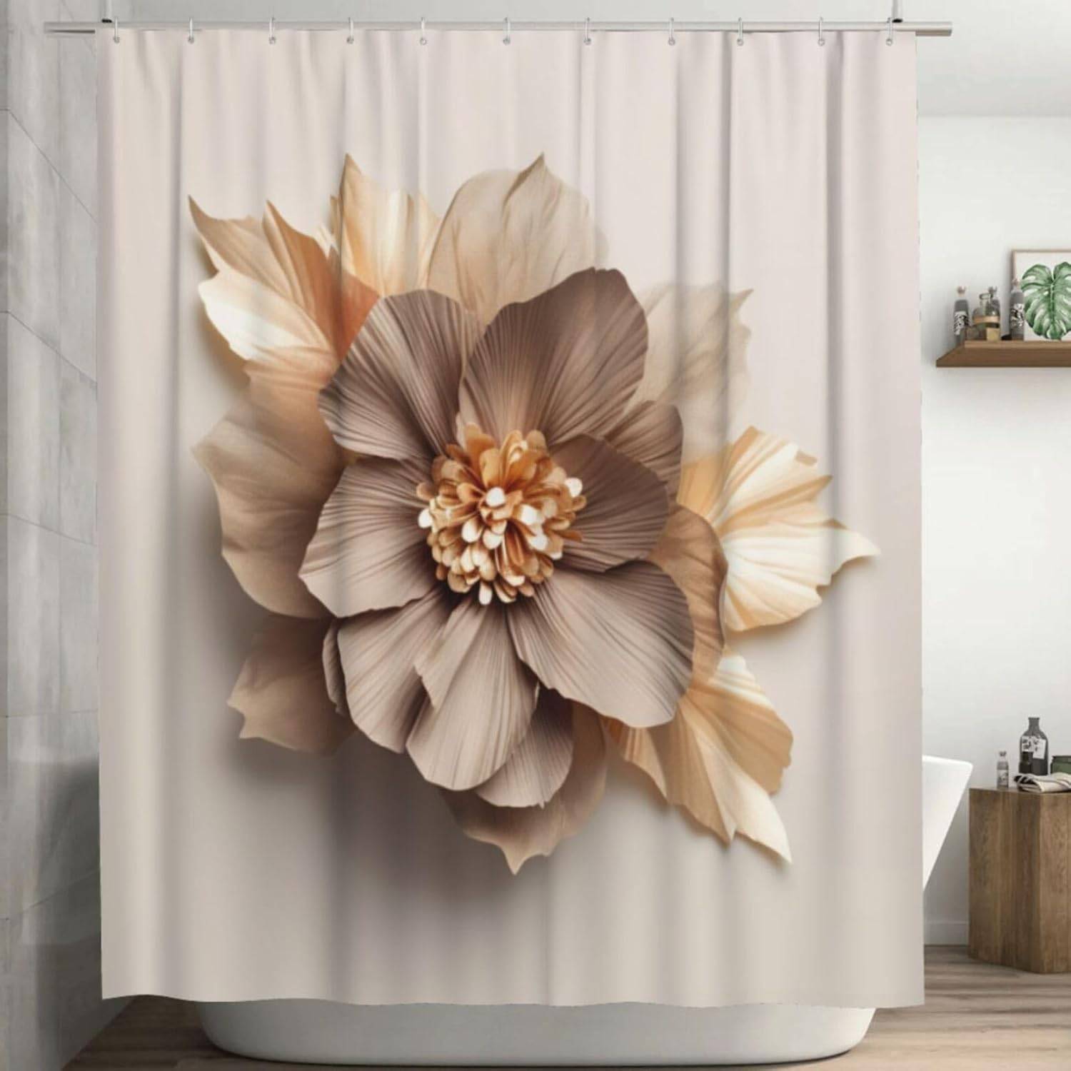 Guldbrun Blommig Duschdraperi För Badrum, Abstrakt Blommig Grå Boho Duschdraperi Set, Lyxig Minimalism Tyg Modern