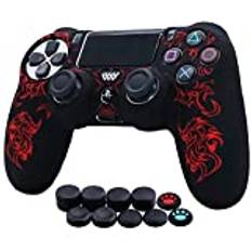 HLRAO Skyddande silikonskal med lasergravyr för PS4/Slim/Pro Dualshock 4 x 1 kontroller med Pro Thumb Grips x 10 ändar.