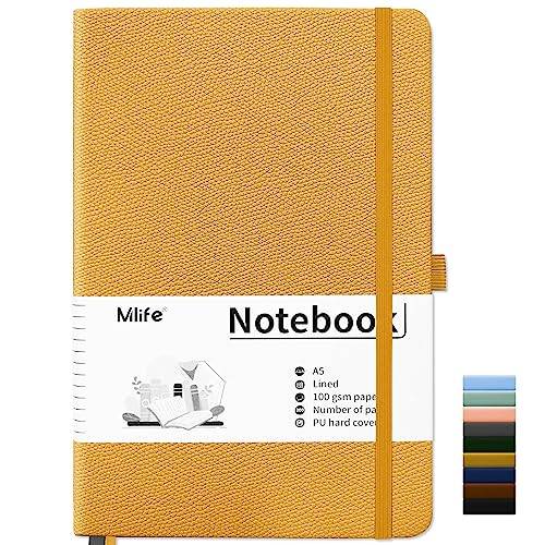 Mlife A5 Linjerad Anteckningsbok, Anteckningsbok med 200 Sidor, Tjockt 100 G/M2 Bläckbeständigt Papper, Anteckningsbok med Pu-Hårt Omslag, Innerficka, Elastiskt Band, Bullet Journal & Dagbok (Gul)