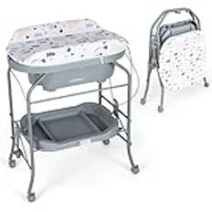 COSTWAY 4-i-1 skötbord med badkar, bärbart skötbord med PVC-lock och avloppsrör, mobil blöjstation, vikbar, med universella hjul, 0–12 månaders babykapacitet, kan belastas upp till 35 kg (grå)