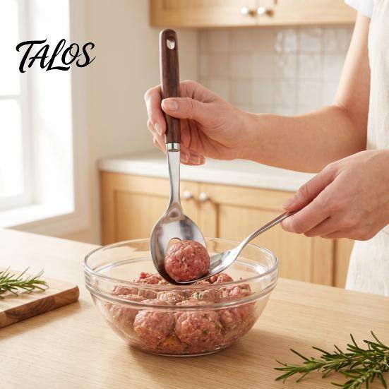 Professionell Köttbullssked i Rostfritt Stål Köttbullsformare Och Skedset, Ergonomiskt Förlängt Trähantag Mat-skopa Köksredskap, Manuell Portionering