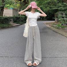 Women Striped Long Pants Elastic Waist Casual Loose Straight Wide Leg Trousers Plus Size XL