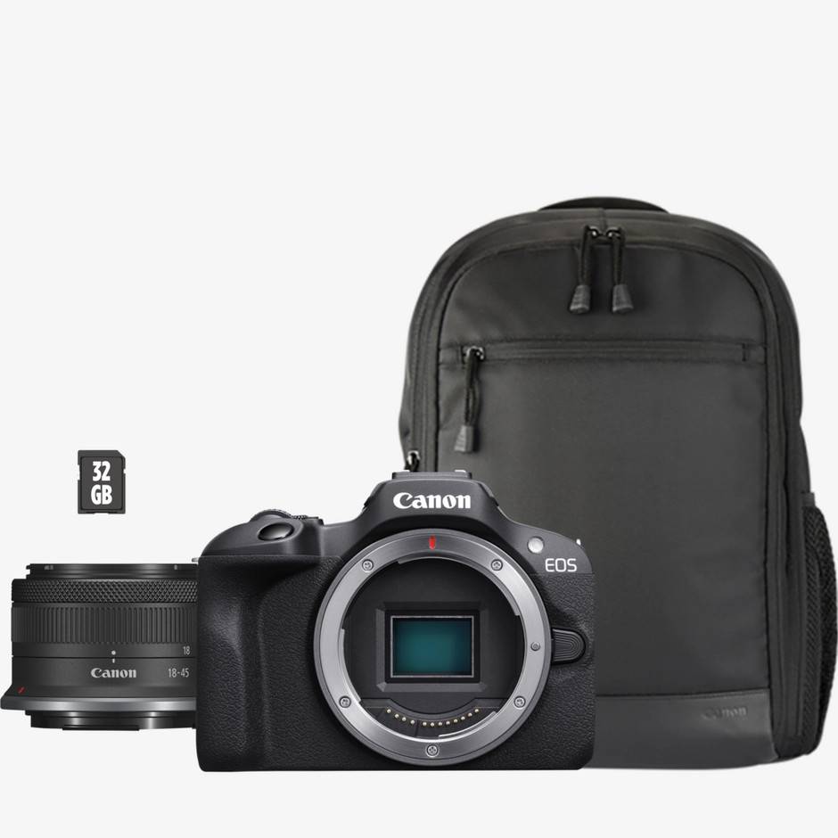 Canon EOS R100 systemkamera + RF-S 18-45mm F4.5-6.3 IS STM objektiv + ryggsäck + SD-kort
