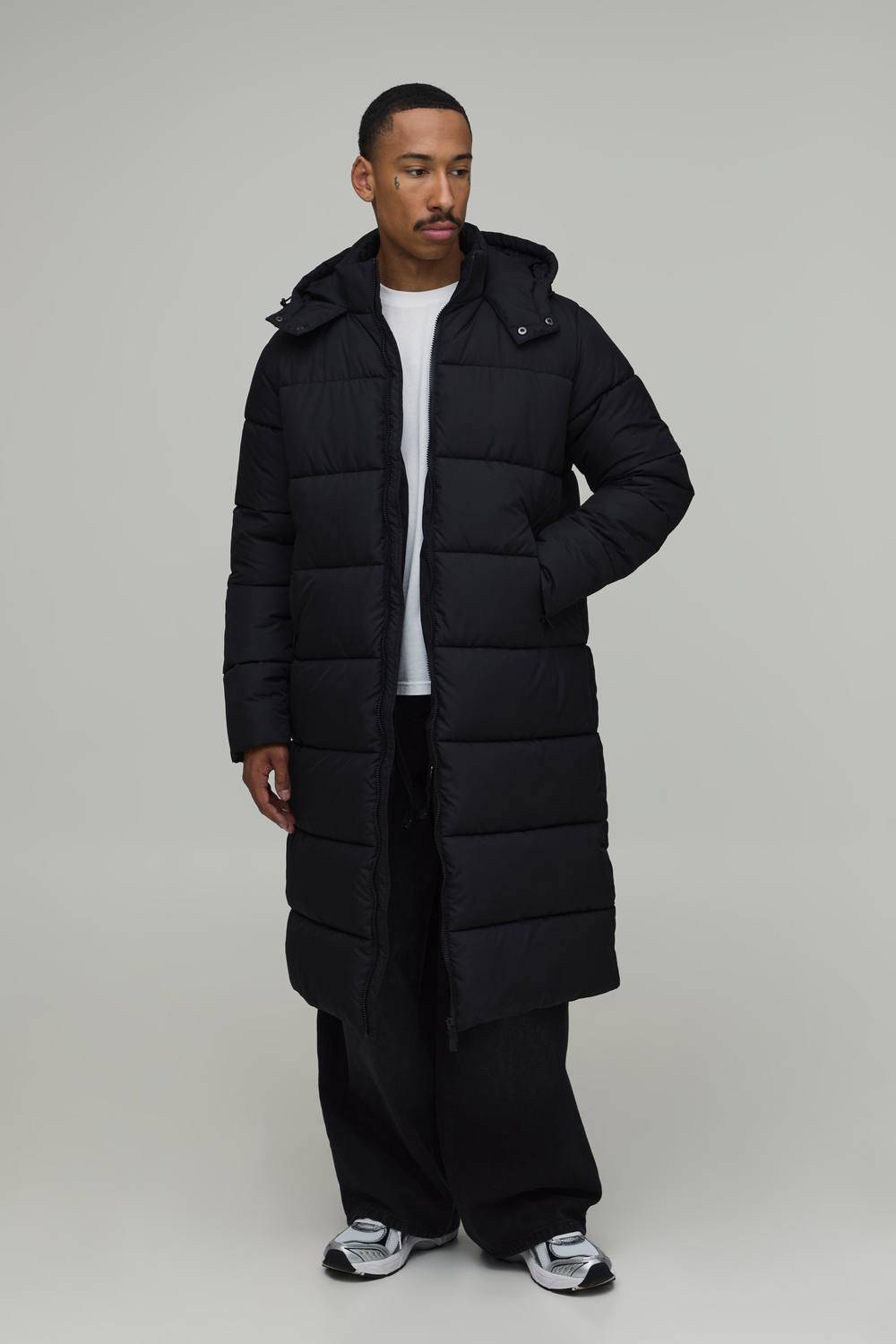 Regular Fit Longline Hooded Matte Puffer Jacket | Black | Size XS